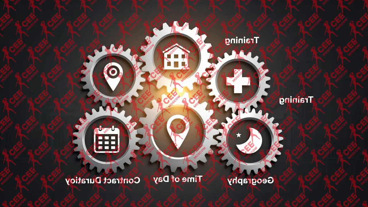 Пять взаимосвязанных шестеренок, обозначающих факторы стоимости эскорта: подготовка, тип клиента, география, время суток и длительность контракта.