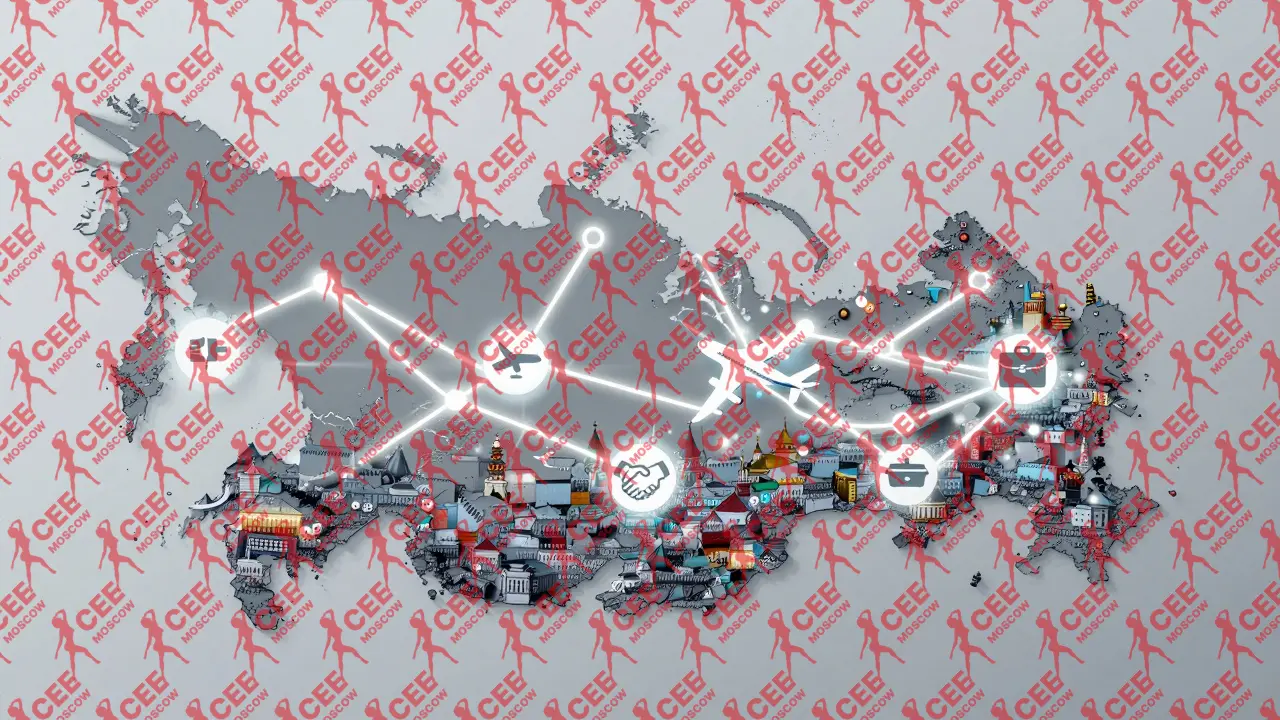 Карта России с подсвеченными крупными городами, где доступна услуга профессионального сопровождения с выездом.