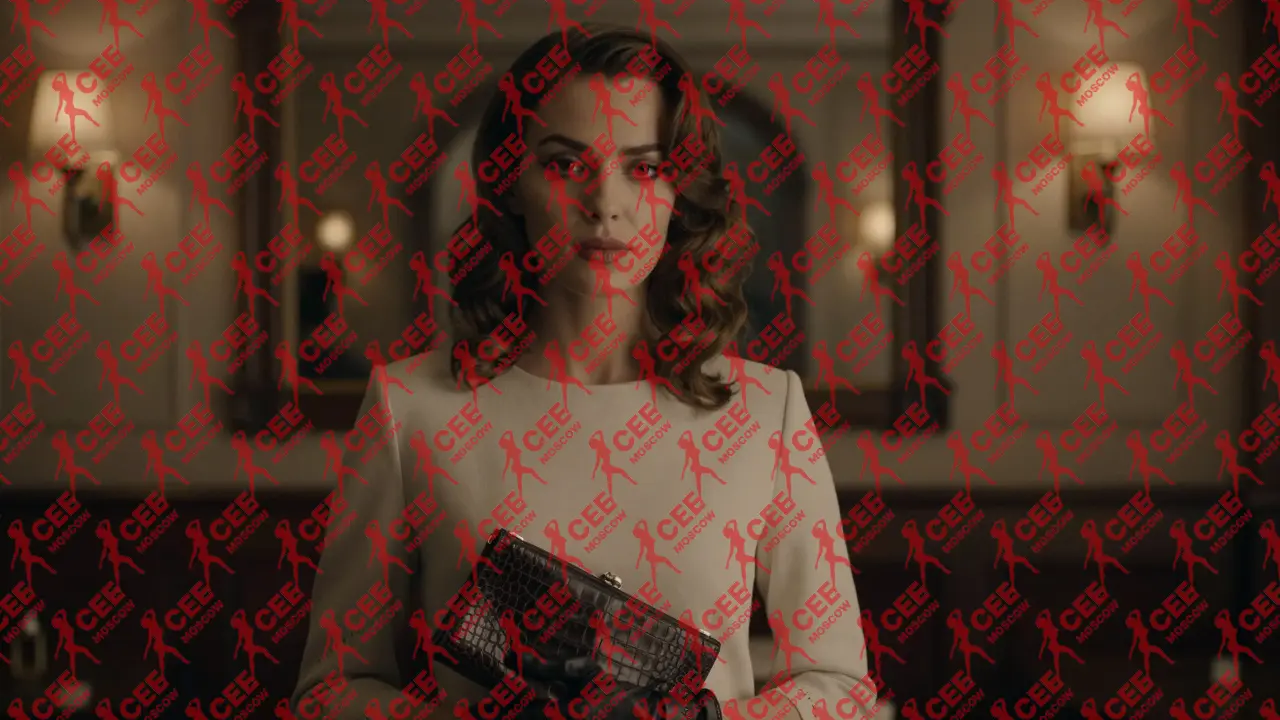 Женщина с естественными волосами и минималистичным макияжем стоит в тихом клубе, держа маленькую сумочку, без украшений.