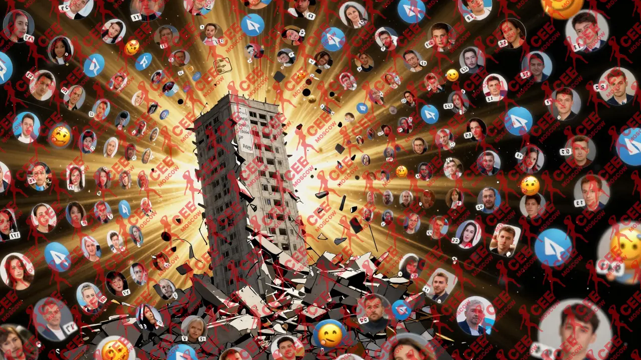 Сотни профилей Telegram в виде светящихся аватарок, падающий центр диспетчерского контроля в тени, золотой свет прорывается сквозь разрушение.