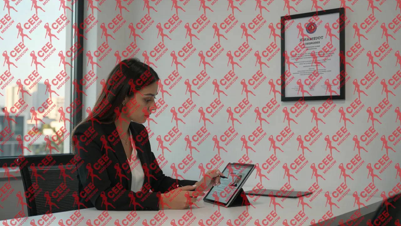 Профессиональная женщина в офисе в Анталии с дипломами и документами о туристическом сервисе.