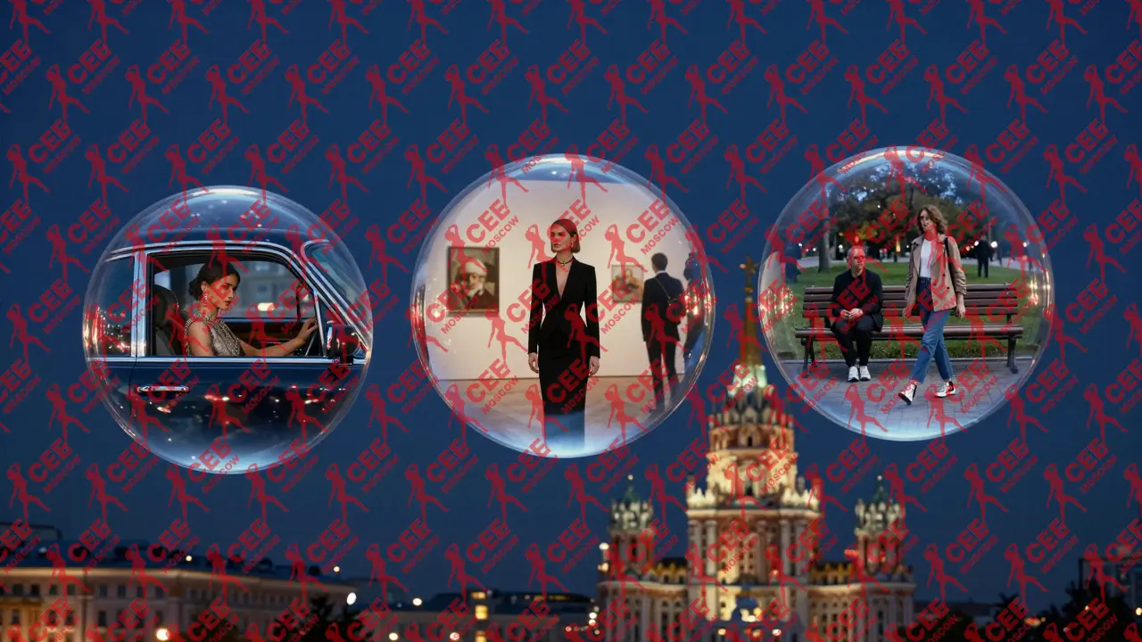Три прозрачные сферы над Москвой, каждая показывает разный уровень эскорт-услуг: повседневный, средний и VIP.