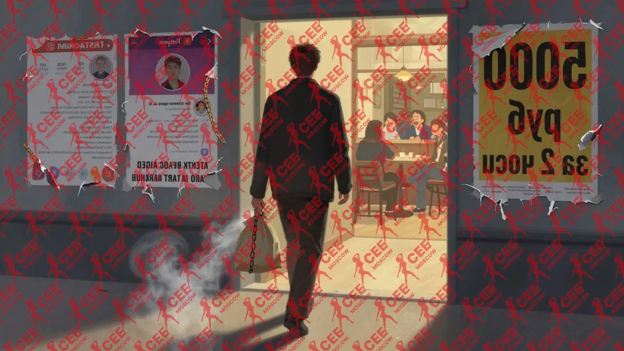 Человек уходит от теневого фигуры с деньгами, за ним &mdash; светлый путь к кафе, а стена за ним покрыта ложными объявлениями.