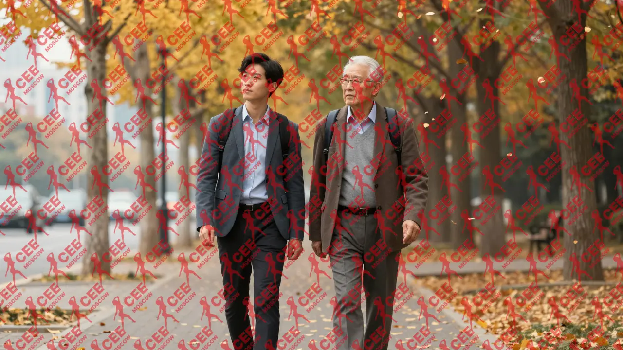 Пожилой мужчина и сопровождающий гуляют по городу осенью, тихая, безопасная компания