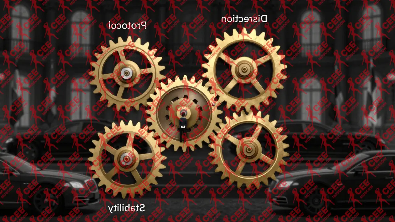 Механизм из шестеренок с надписями: дискретность, протокол, язык, стабильность, в центре &mdash; незаметная фигура, символизирующая анонимность.