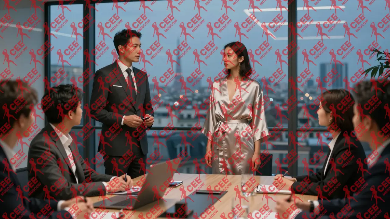 Топ-модель рядом с бизнесменом на переговорах в Париже