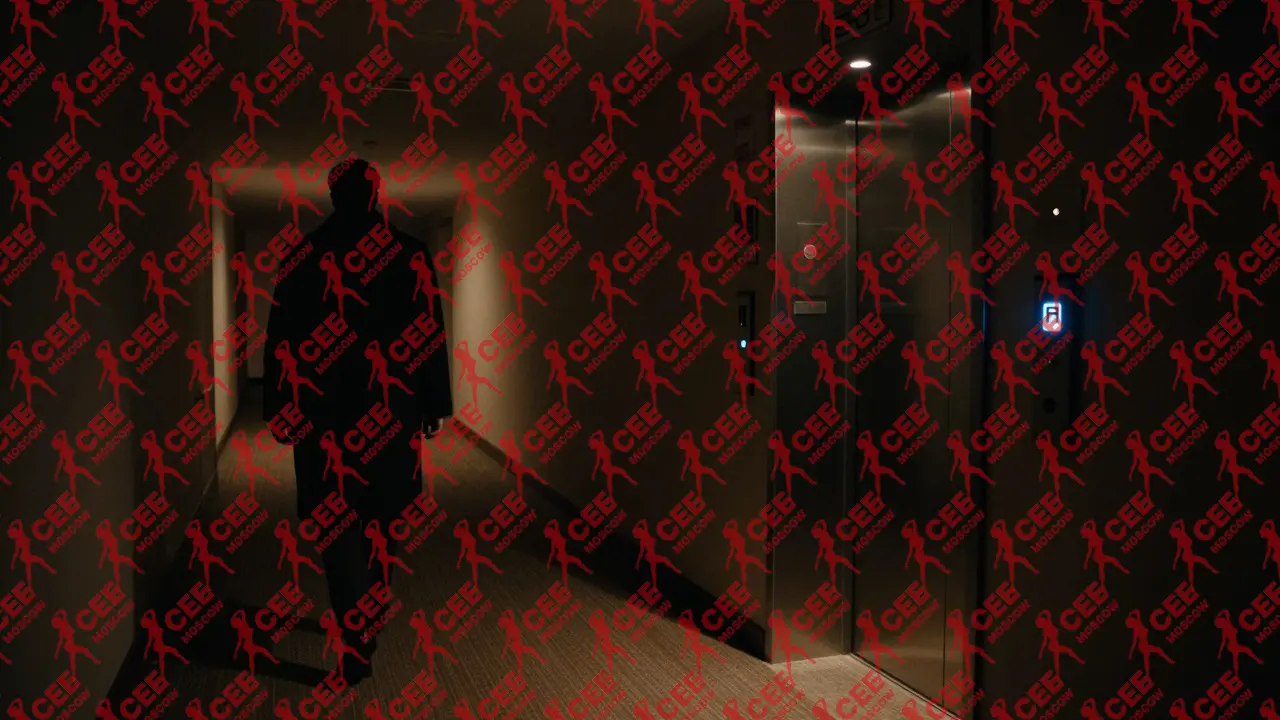 Темный коридор роскошного здания с мерцающим ключом у биометрического считывателя — символ полной конфиденциальности и дисциплины.