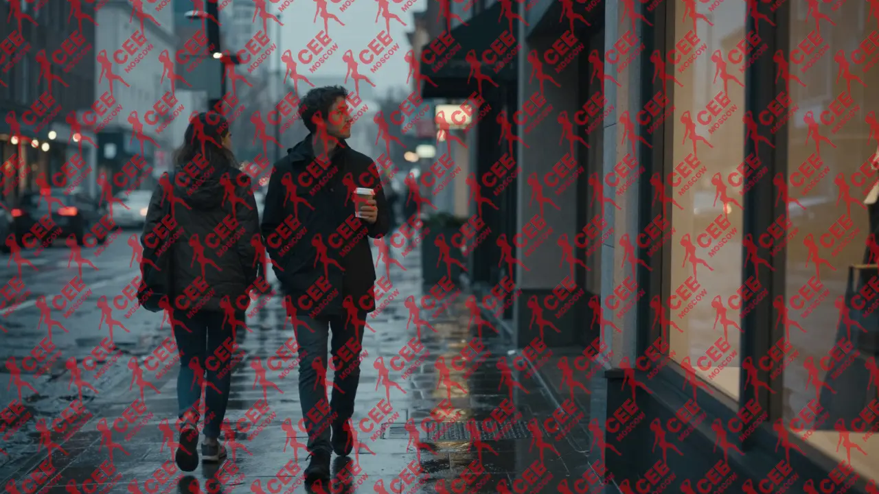 Прогулка по городу при сумерках: человек и сопровождающий идут рядом в тишине, не говоря, но будучи вместе.