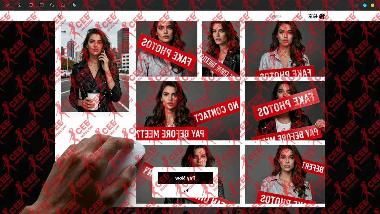 Пустая страница каталога с предупреждениями о мошенничестве, в углу &mdash; одна настоящая фотография женщины с кофе.