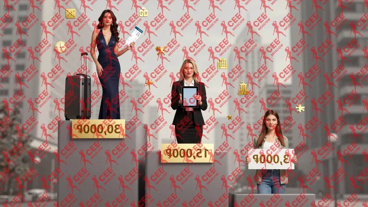 Три уровня цен на эскорт: от дешевого до премиального, с символами отеля, аэропорта и часов, на фоне урбанистического пейзажа.