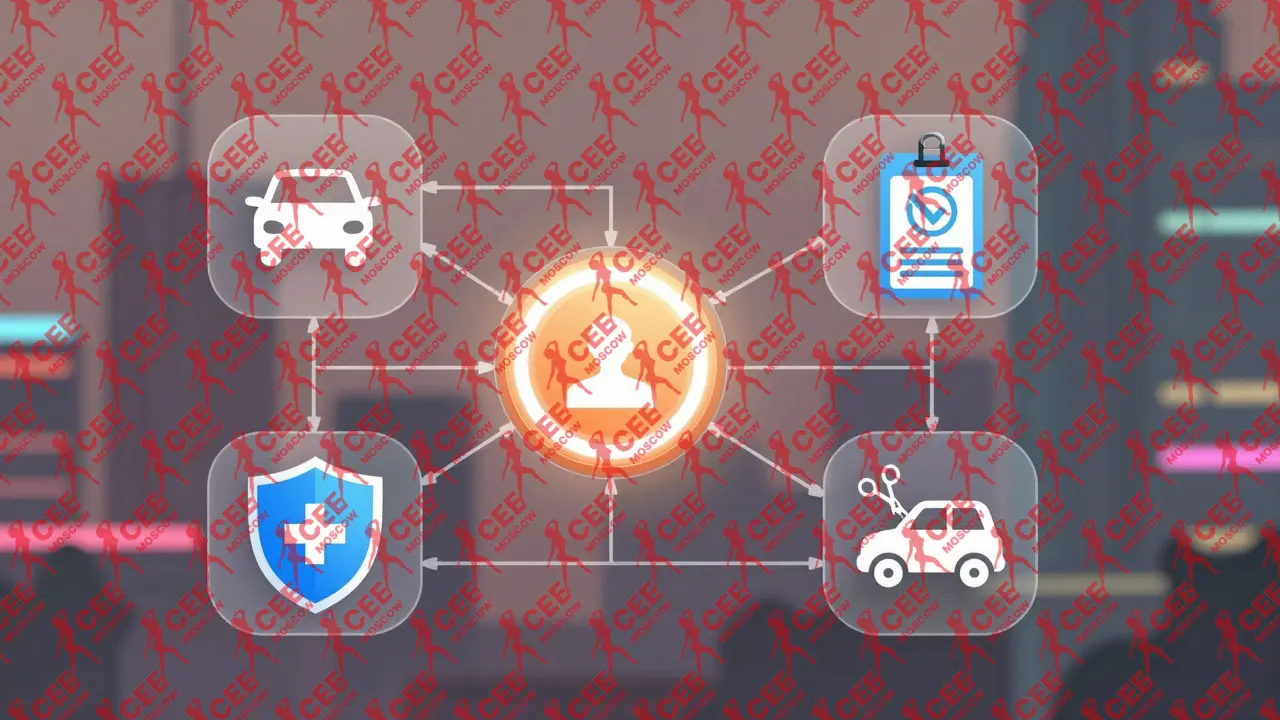 Прозрачная схема с элементами проверки личности, страховки, транспорта и эмоциональной поддержки, образующими единый сервис.