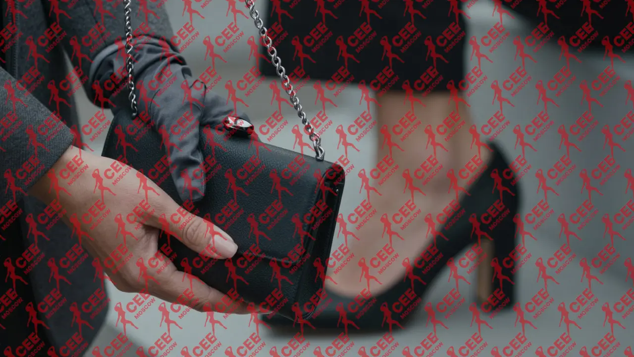 Крупный план рук модели: аккуратные ногти, миниатюрная сумочка и матовая обувь на невысоком каблуке.