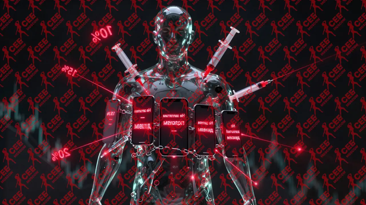 Человеческое тело из стекла с инструментами пластической хирургии и цифрами процентов по займу.