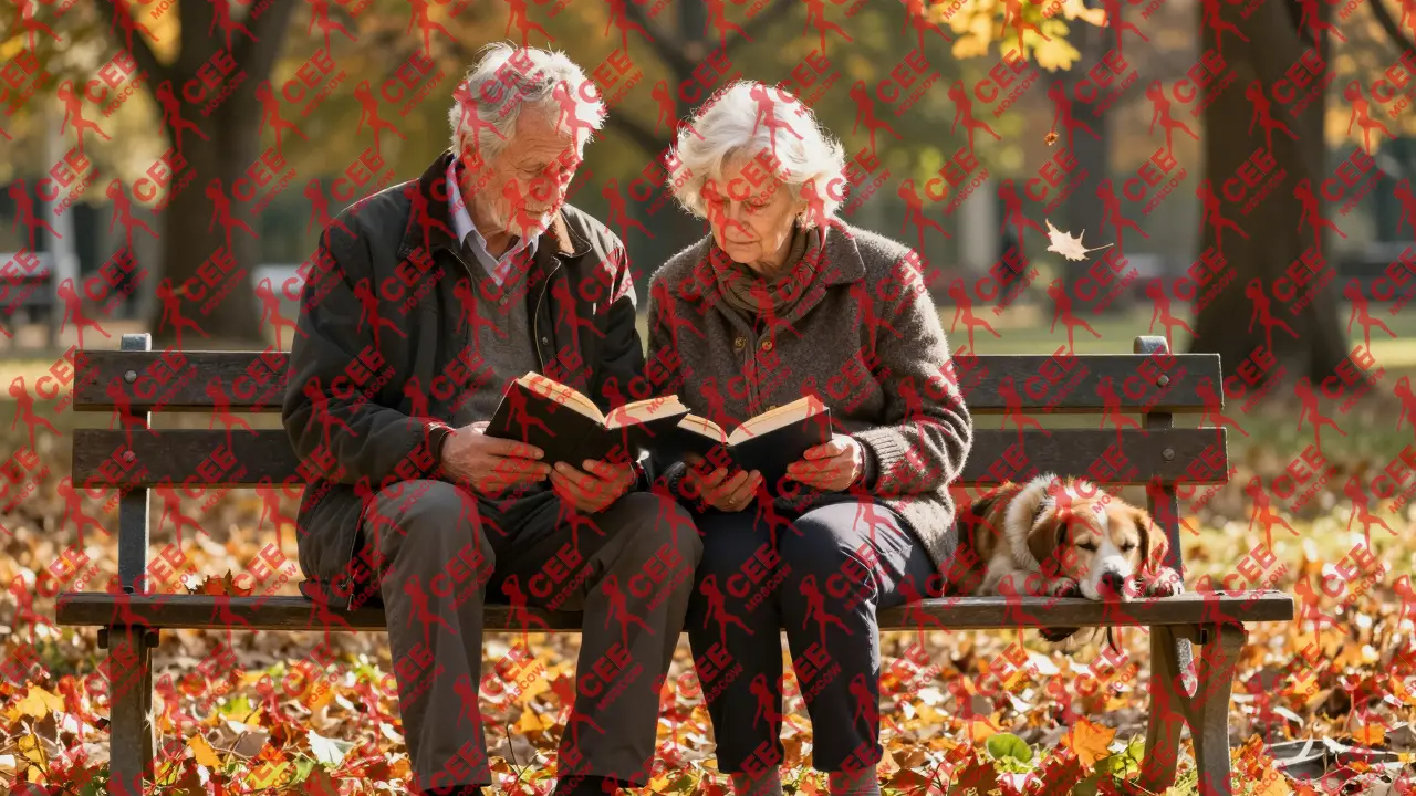 Пожилая женщина и сопровождающий на скамейке в парке, читающие поэзию вместе осенью