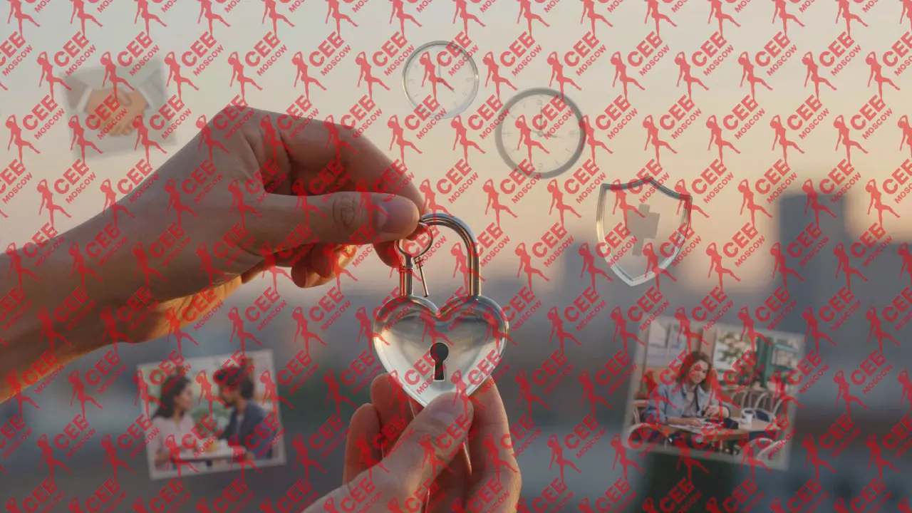 Руки вставляют ключ в замок в виде сердца, вокруг &mdash; символы безопасности, времени и уважения.