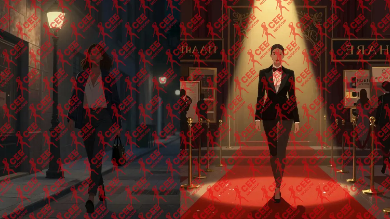 Два пути: один &mdash; красная дорожка и роскошь, другой &mdash; тихая улица и простота, символизирующие разные типы эскорт-услуг.