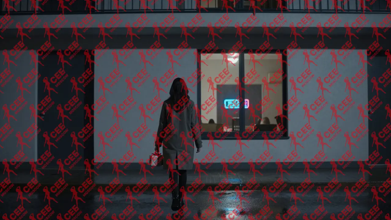 Анонимная женщина уходит с подарком после вечеринки, городские огни отражаются на мокрой дороге.