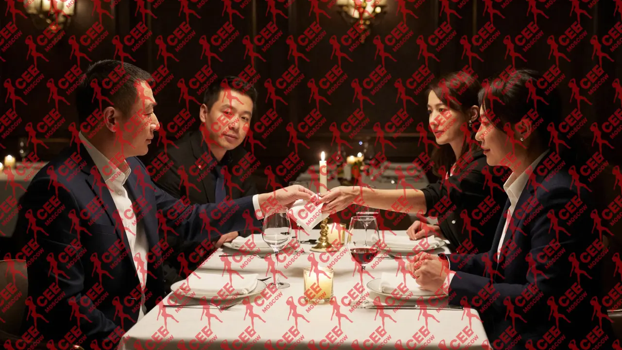 В элегантном ресторане женщина мягко подает салфетку бизнесмену во время ужина с российским партнером.