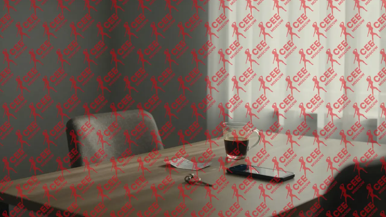 Пустой стул и половина кофе в тихой комнате, на столе &mdash; телефон, чек и ключ, солнечный свет за шторой.