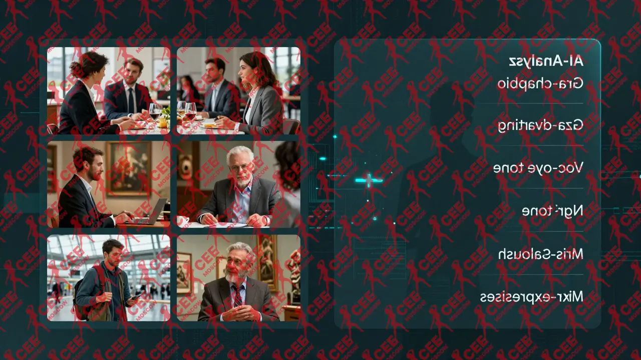 Цифровой интерфейс с анализом поведения и силуэтами клиентов, сопровождаемых профессиональными ассистентами.