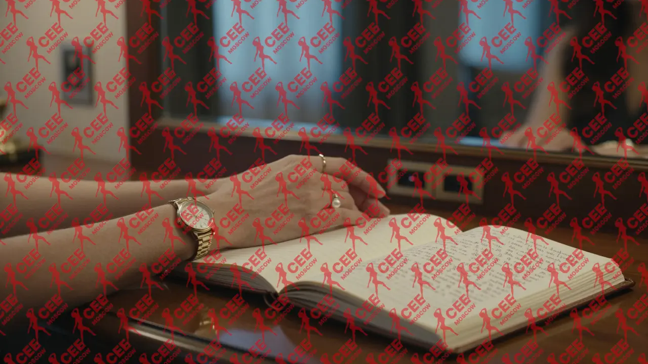 Руки женщины с бриллиантовыми часами и жемчужной сережкой лежат на деревянном столе рядом с записями о культуре и этике.