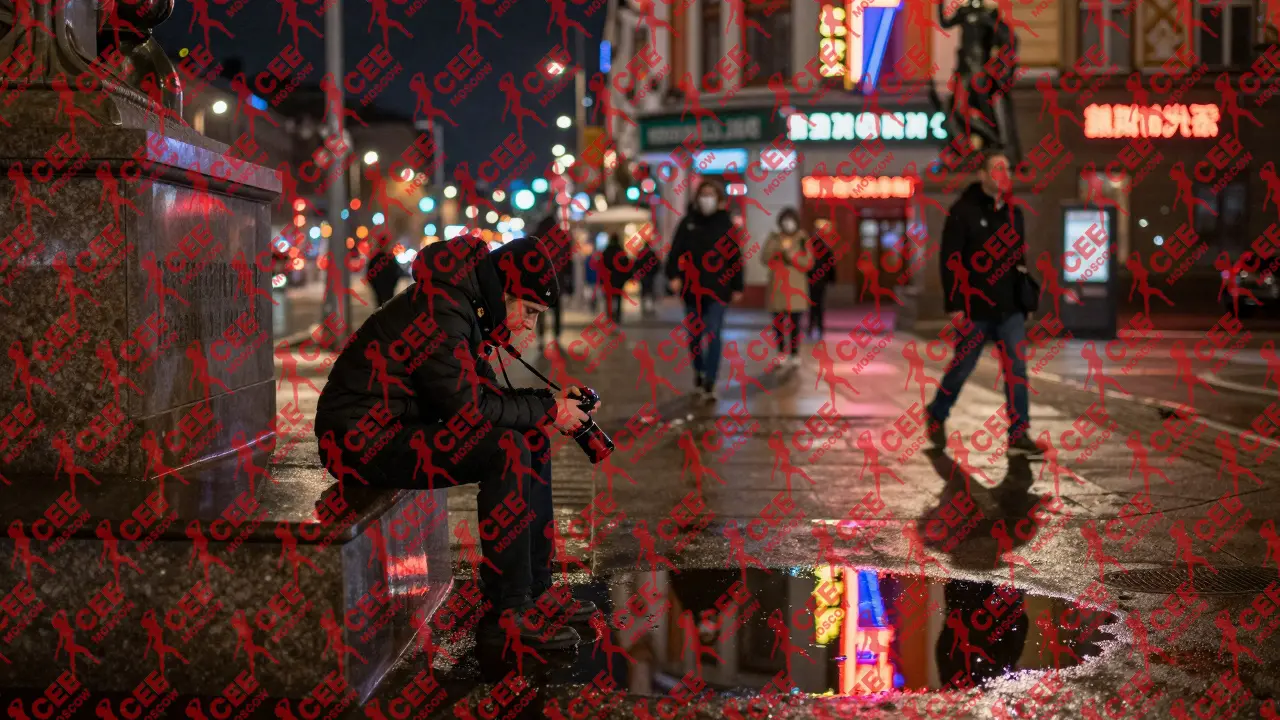 Фотограф стоит с опущенной камерой, наблюдая за отражением огней в луже &mdash; момент тишины и присутствия в ночном городе.