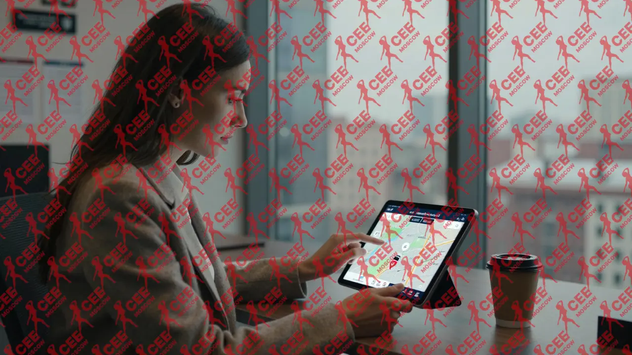 Женщина-бизнесмен в офисе смотрит на экран с отчетом эскорта: живая карта маршрута, статус автомобиля и идентификатор оператора.