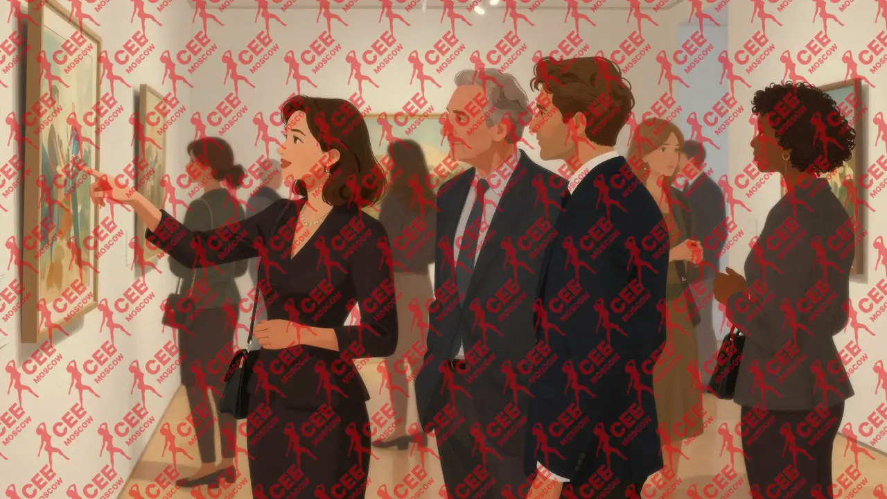 Сопровождающий помогает посетителю на выставке, элегантная обстановка, социальная поддержка