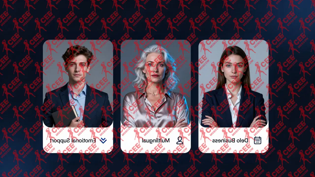 Интерфейс закрытой платформы с профилями профессионалов для сопровождения, оформленный в темных тонах с легким неоновым свечением.