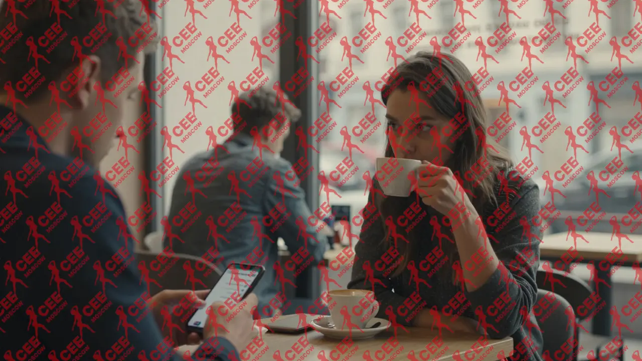 Женщина в кафе с телефоном, открытый чат Telegram, мужчина напротив &mdash; тихая, реальная встреча без посредников.