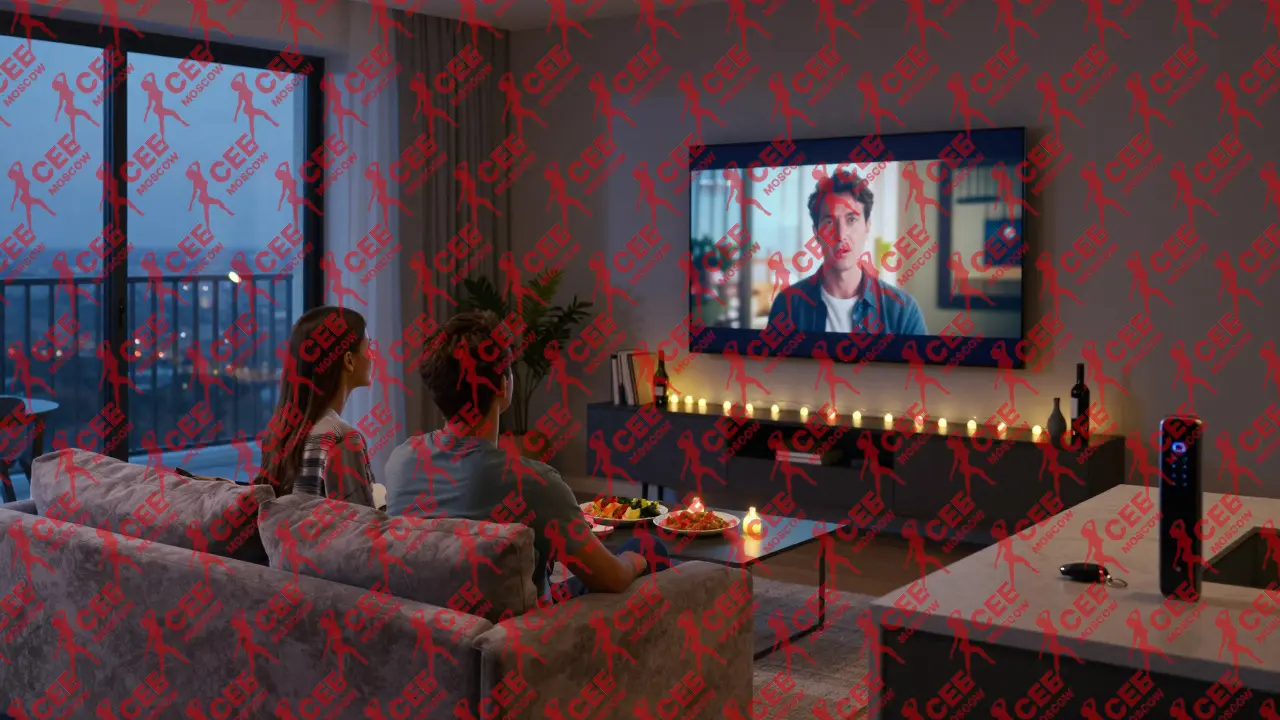 Пара в апартаментах вечером, смотрят фильм, уютный интерьер.