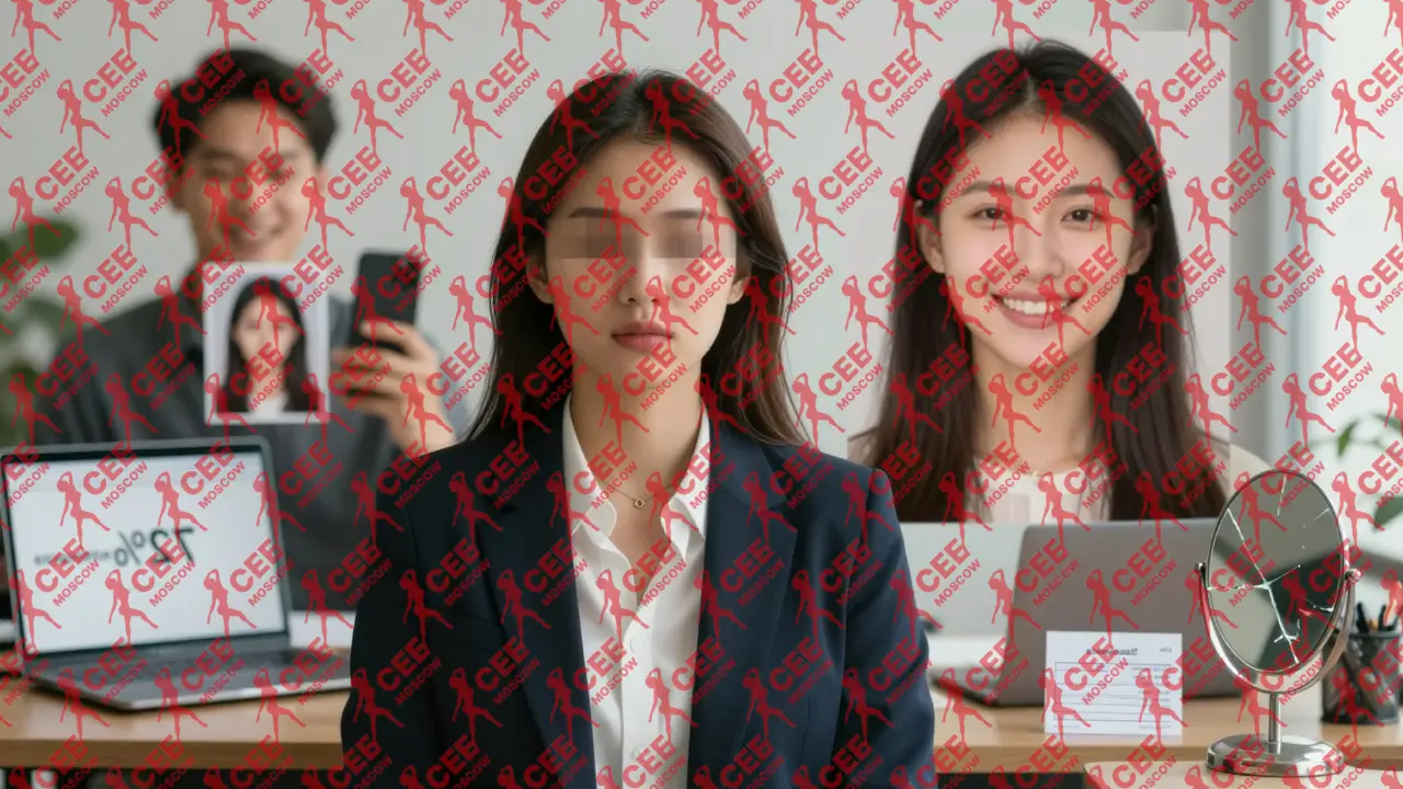 Женщина с размытым лицом стоит в офисе, вокруг неё плавают её прежние образы и кредитные напоминания.