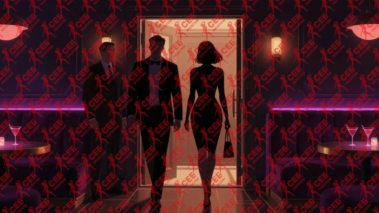 Пара проходит через частный вход в эксклюзивный ночной клуб, окруженная атмосферой уединения и роскоши.