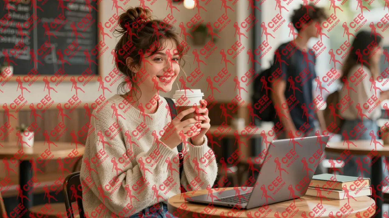 Молодая девушка в повседневной одежде с кофе в кафе, с книгами и улыбкой, создающая атмосферу естественности и искренности.