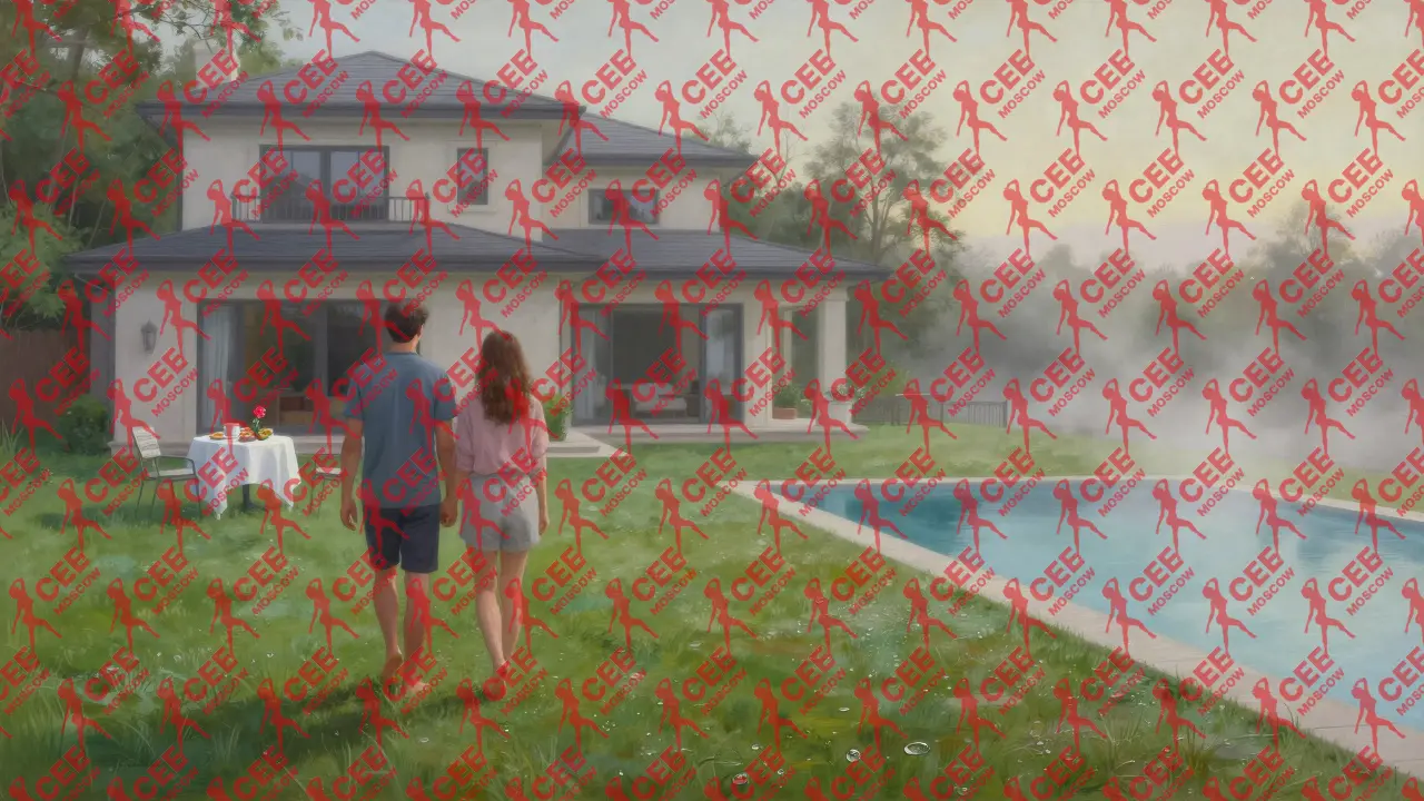 Два человека гуляют по утреннему лугу у частной виллы, окружённые туманом и тишиной природы.