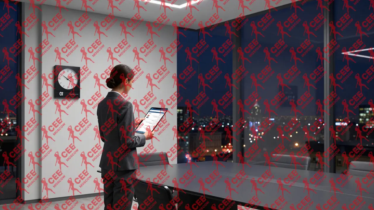 Женщина в деловом костюме демонстрирует зашифрованный интерфейс бронирования в премиальном офисе элитного агентства.