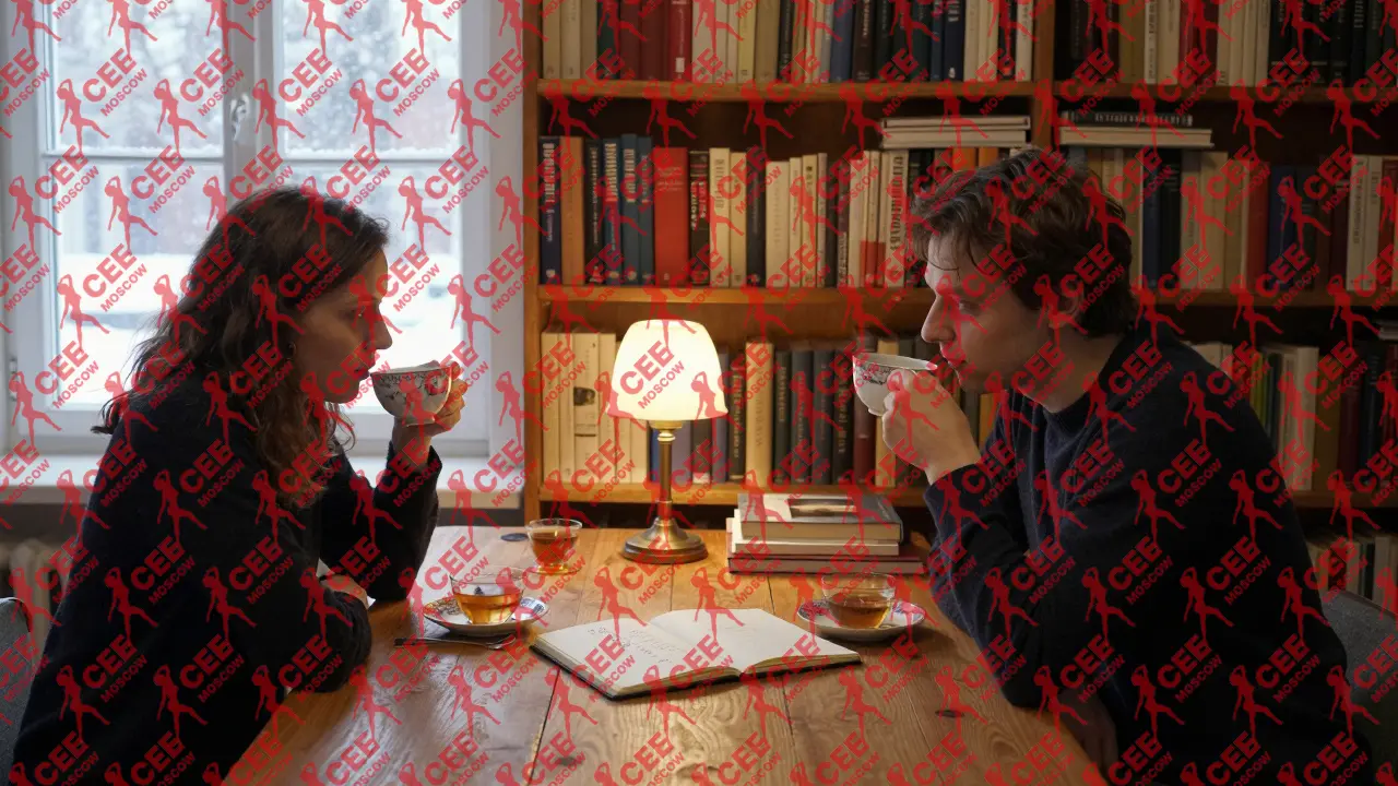 Личная встреча в библиотеке: двое за чаем обсуждают искусство и события, а за окном &mdash; зимняя Москва.