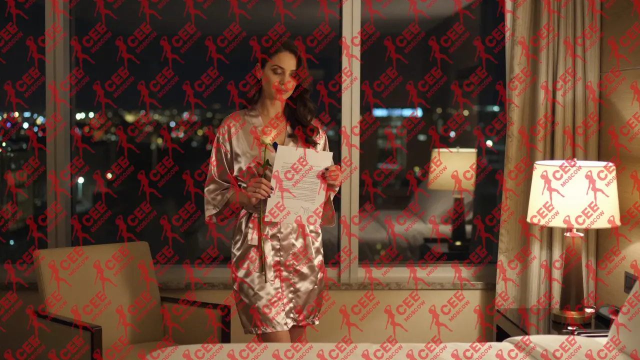 Женщина в шелковом халате в номере отеля в 3 часа ночи, держит розу и контракт, за окном &mdash; огни города.