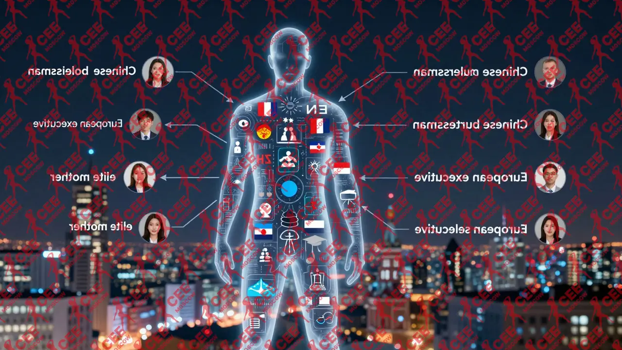 Прозрачная фигура с данными и символами, соединёнными с городом и клиентами.