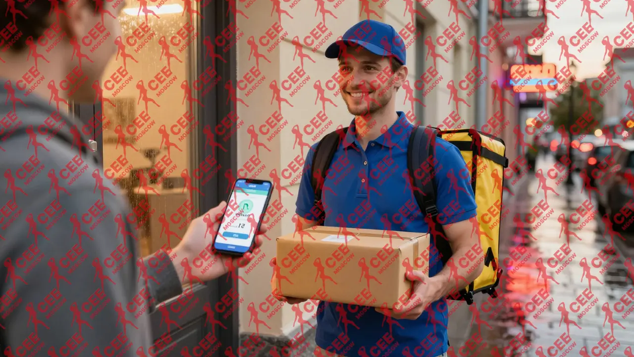 Курьер получает цифровой чаевой от клиента на пороге дома в вечернем городе.