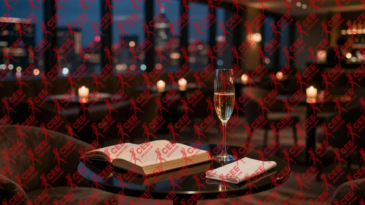 Пустой роскошный салон с свечами, бокалом шампанского и открытой книгой &mdash; следы ушедшего, но незабываемого момента.