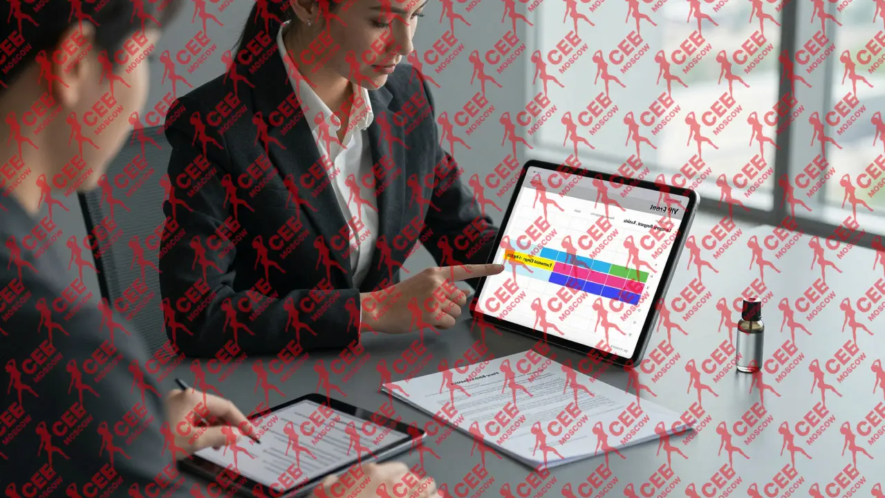 Координатор сервиса анализирует календарь заказов с пометками о языке, длительности и безопасности в современном офисе.