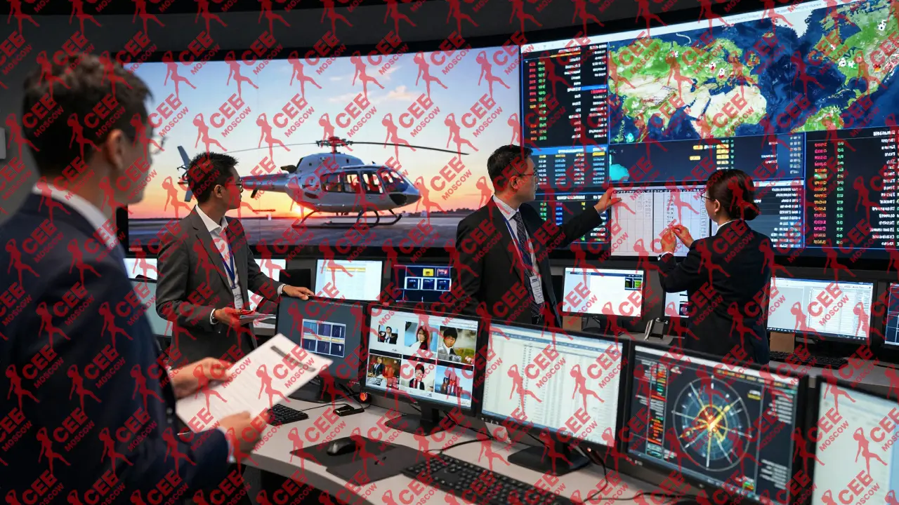 Команда в командном центре отслеживает данные клиентов, мониторы показывают рейсы и предпочтения.