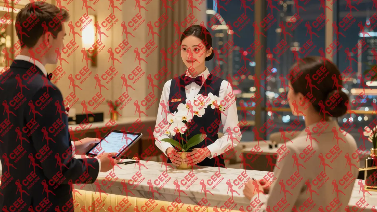 Профессиональная сопровождающая в роскошном отеле Дубая передаёт клиенту бутылку вина с консьержем.