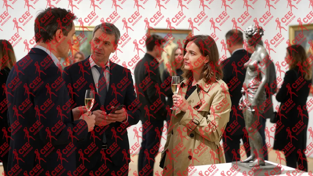 Женщина в пальто смотрит на скульптуру на арт-открытии, мужчина рядом ведет тихий разговор с коллекционером.