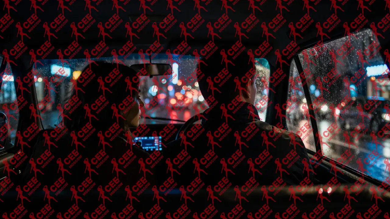 Два человека в машине в Москве ночью, дождь за окном, тихое присутствие без слов.