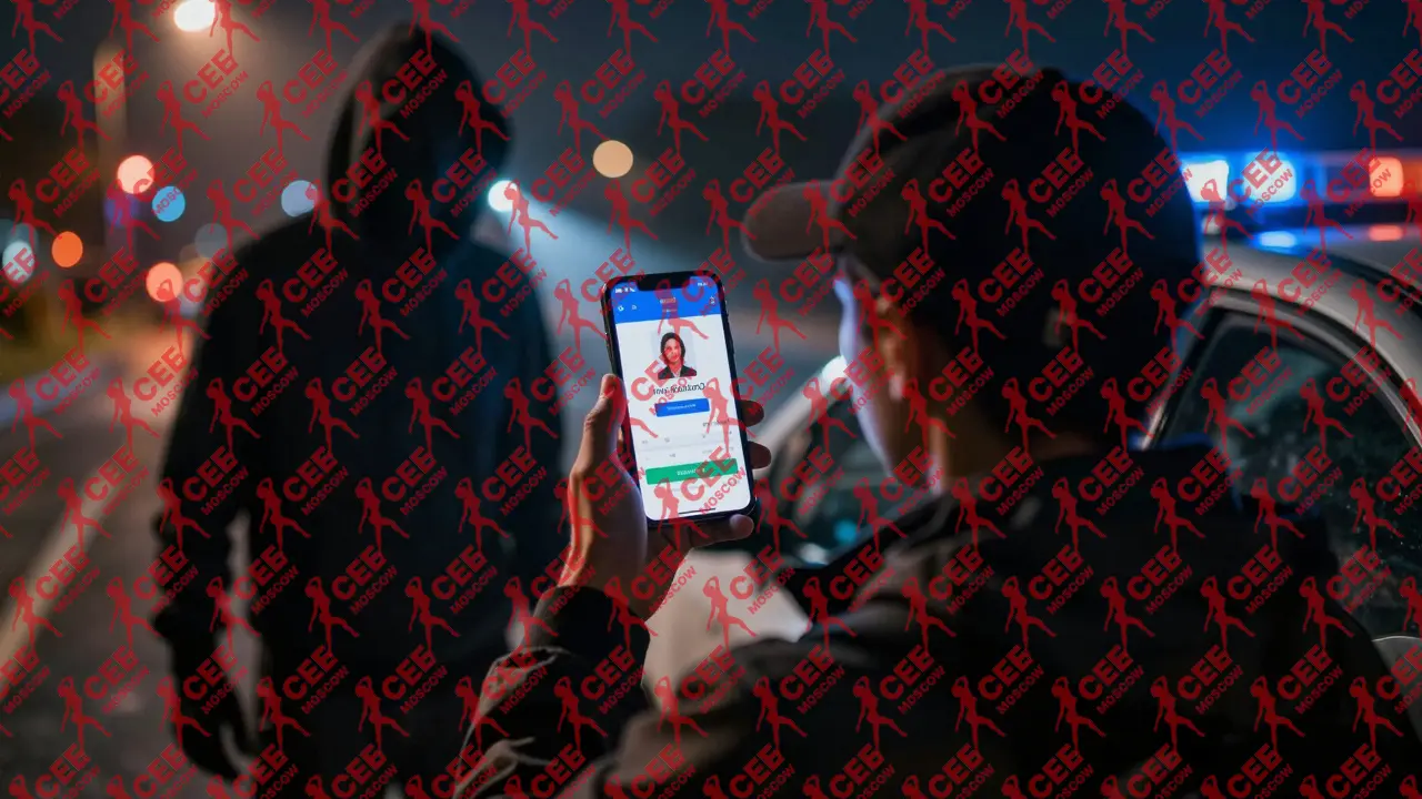 Пассажир отходит от машины, проверяя фото сопровождающего на телефоне, рядом &mdash; подозрительная фигура.