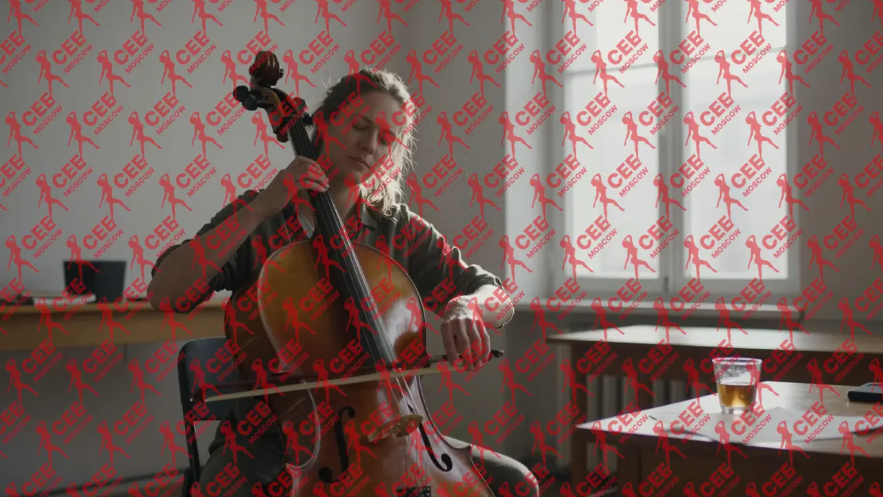 Женщина играет на виолончели в тихой комнате, солнечный свет и музыкальные ноты.