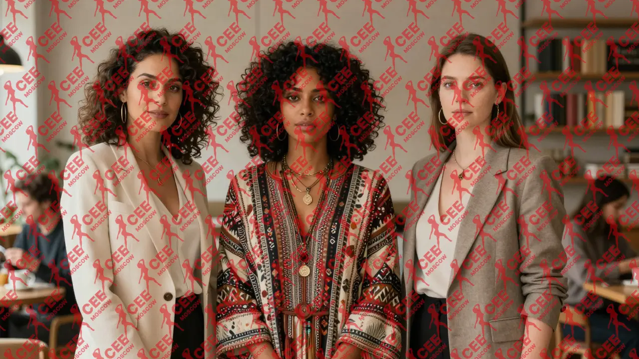 Три женщины в разных стилях одежды спокойно стоят в уютном кафе, выглядят как профессионалы.