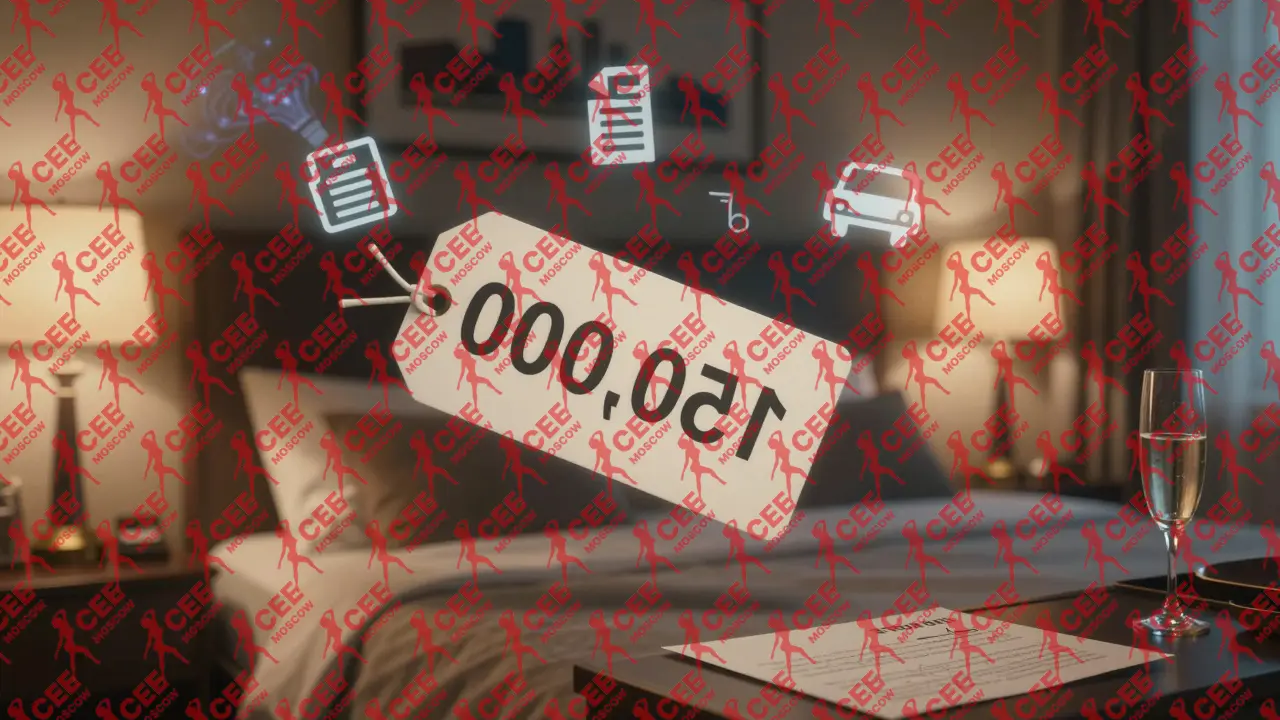 Воздушная таблица скрытых платежей над номером отеля в Москве с символами рисков и ценой 150 000 рублей.